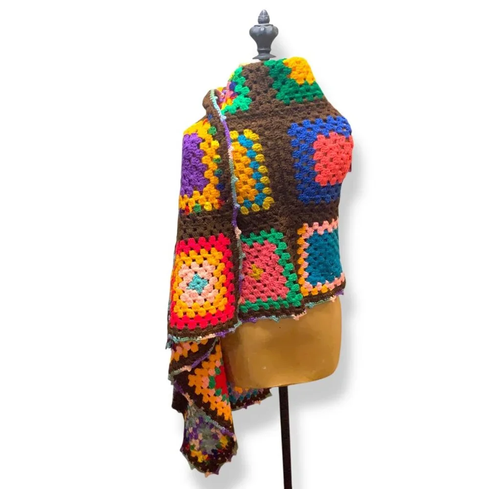 Handcrafted Colorful Crochet Granny Square Wrap Shawl Brown Base Boho Cottagecor